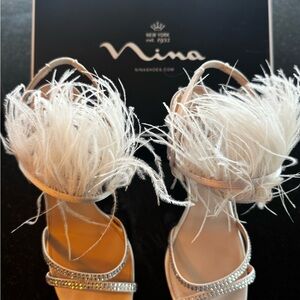 Nina White Feathered Heels Elegant Slip-On